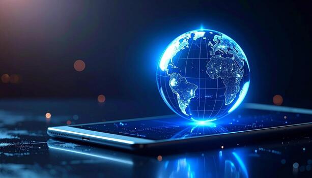 Modern tablet with glowing blue digital globe and global network data visualization photo