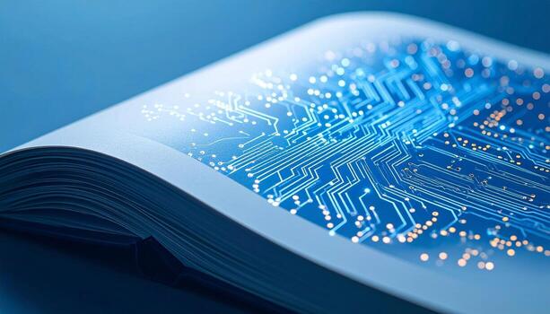 futurista circuito diseño libro con brillante digital patrones simbolizando tecnología y innovación foto