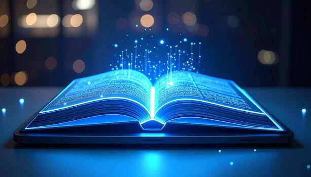 Open digital book with glowing data streams and futuristic luminous design for modern technology concepts photo