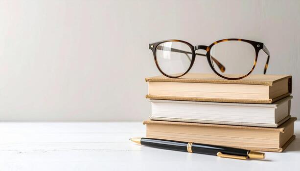 Stack of books with eyeglasses symbolizing knowledge and education in a learning setting photo