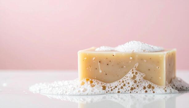 Moisturizing Soap with Foam on White Surface, Representing a Refreshing Self Care Routine photo