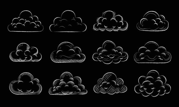 Variety of twelve white sketched clouds displayed on a plain black background create weather mood vector