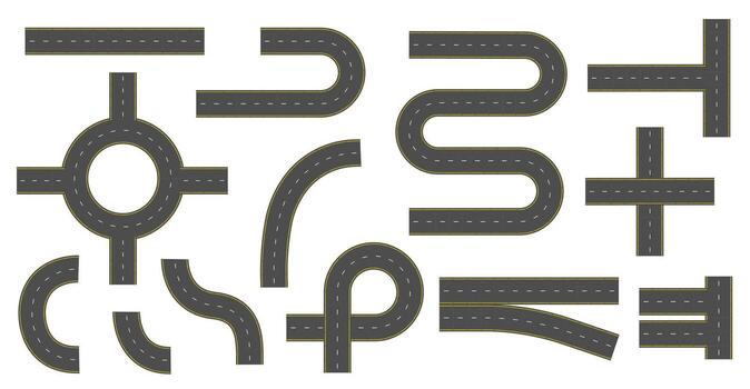 Set of connectable highway elements isolated on white background. Different style roads. vector