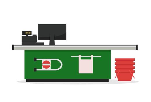 Green checkout counter with monitor vector