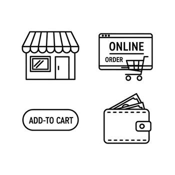 Black and White Line Art Icons Depicting Online Shopping Elements Store Building Online Order Button Add to Cart Button Wallet with Cash vector