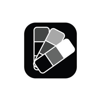 Black Square Icon Featuring Three Grayscale Color Swatches Arranged Overlapping in a Fan Shape Each Swatch Shows Four Different Shades of Gray White Outline vector