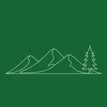 Minimalist dotted line drawing of mountain range and pine tree on solid green vector