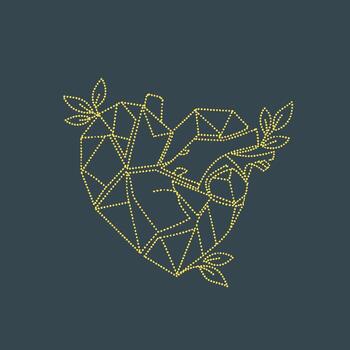 Stylized heart shape composed of interconnected geometric lines and leaf motifs on a dark vector