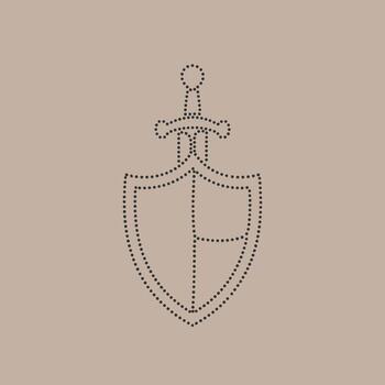 Minimalist outline of a shield with a sword crossing behind it, symbolizing protection, defense, and strength in a simple design vector