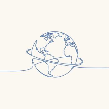 Minimalist continuous line drawing of Earth with orbiting ring emphasizing global connectivity and environmental awareness vector