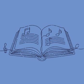 Open book with musical notes and staff lines floating above, symbolizing music, learning, and creativity on a solid blue vector