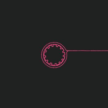Futuristic neon pink circular digital interface with intricate patterns and a connecting line on a dark vector