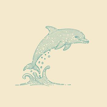 Stylized dolphin leaping out of water with splash effect in a minimalist dotted line art style on a light vector