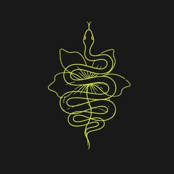 Minimalist neon line art of a coiled snake with a leaf in a sleek modern style on a dark vector