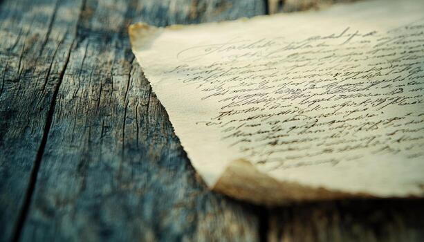 Old parchment document on wooden table photo