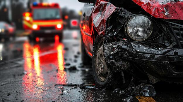 Damaged red car after crash on a rainy road with emergency vehicle in background photo