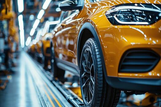 Close-up of a yellow modern car on an automotive assembly line in a factory setting photo