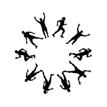 diverso grupo de silueta personas en varios dinámica poses arreglado en un circular patrón, enfatizando movimiento y unidad vector