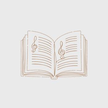 Open book with musical notes and staff lines on pages, symbolizing music, learning, and artistic expression in a simple, elegant style vector