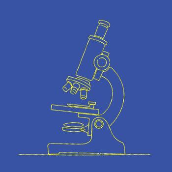Detailed outline of a classic laboratory microscope with adjustable focus and multiple objective lenses on a solid blue vector