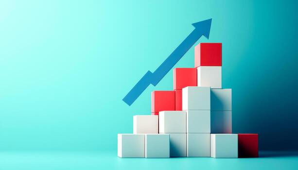 Upward trending bar chart with rising blocks and arrow symbolizing growth and progress photo