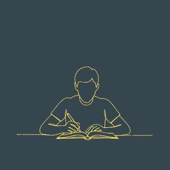 Young person studying with open book and pen, focused on learning and education in a minimalist line art style vector