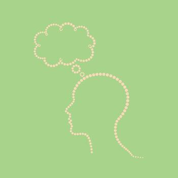 Minimalist outline of a human head with a thought bubble above, symbolizing thinking or imagination on a soft green vector