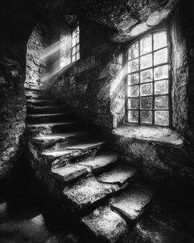 Sunlight streaming through a window illuminating ancient stone stairs inside a rustic, dark stone building photo