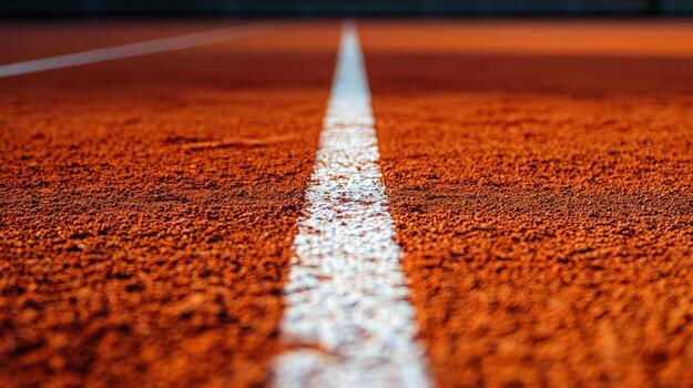 Close-up of a textured red running track with a white lane line extending into the distance photo