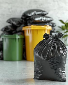 Black trash bag in front of colored waste bins with recycling bags in the background photo