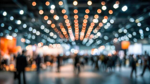 Blurred view of a busy indoor event space filled with people and decorative lights creating a vibrant atmosphere with warm and cool bokeh effects in the ceiling area photo