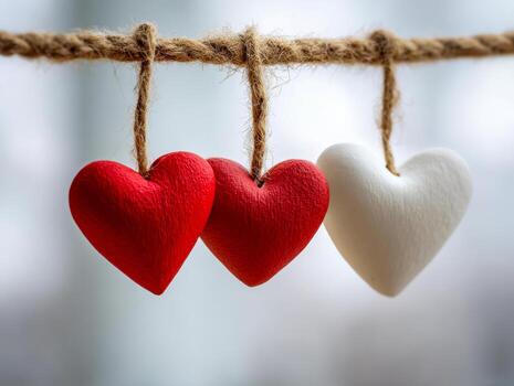 Three handcrafted hearts in red and white hanging on rustic twine against a soft blurred background, symbolizing love, unity, and warmth in a cozy setting photo