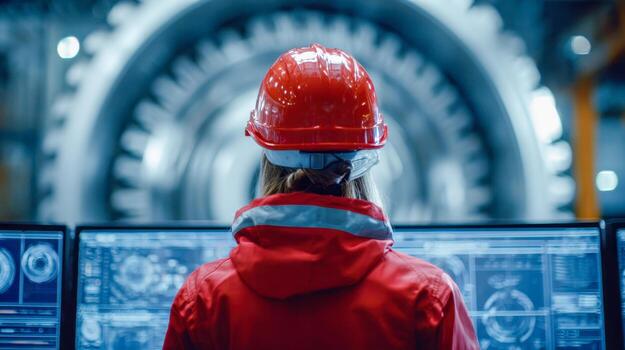 Engineer in red safety gear monitoring complex data on computer screens inside a high-tech industrial facility with advanced machinery in background photo
