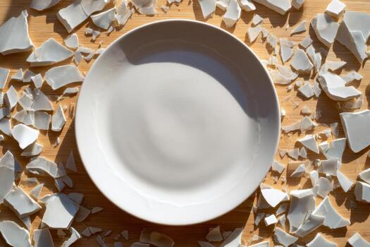 Broken white ceramic plate pieces scattered around an empty round dish on wooden surface with natural light casting shadows creating a textured pattern photo