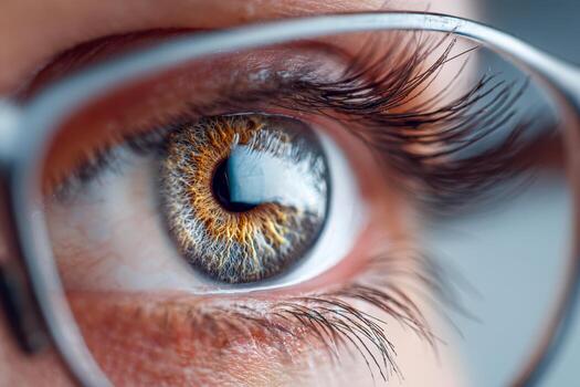 Macro close-up of a human eye with amber and blue hues behind eyeglasses capturing intricate iris patterns and long eyelashes in sharp focus photo