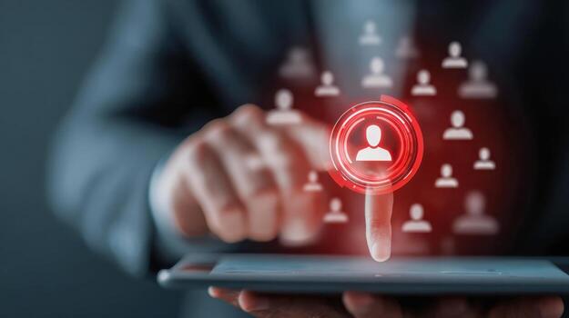 Businessman using digital tablet with virtual human resources interface featuring futuristic social network and employee selection concept in technology background photo