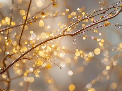 Delicate tree branches adorned with shimmering droplets amidst a backdrop of warm, glowing bokeh lights creating a magical, festive atmosphere. photo