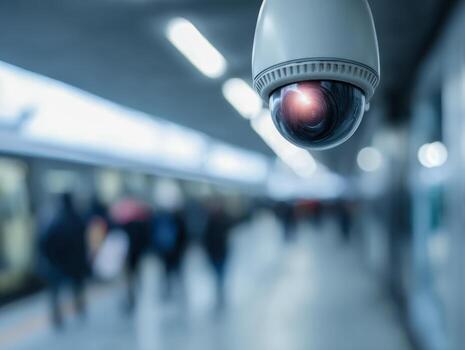 Advanced security surveillance camera monitoring a busy transportation hub with blurred passengers and modern infrastructure background photo