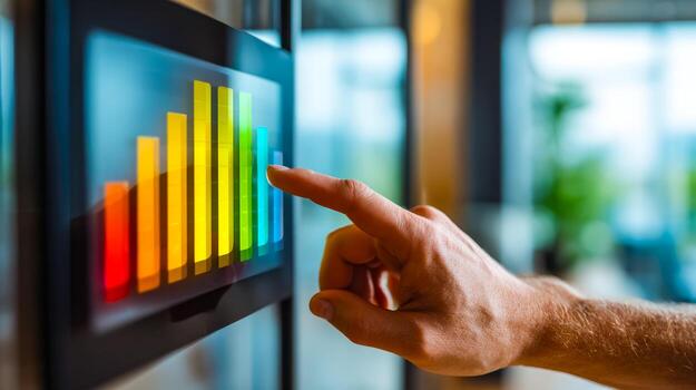 Person interacting with a colorful data analytics chart on a digital screen photo