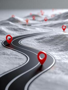 A creative representation of a winding road with red location markers set on a textured surface, illustrating journey, navigation, and exploration themes. photo
