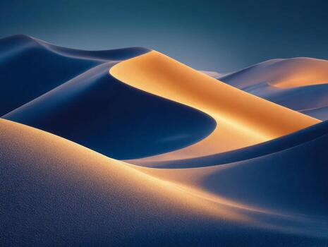 Smooth flowing desert sand dunes softly illuminated by warm golden sunlight creating elegant curves and deep shadows under a clear blue sky at dawn photo