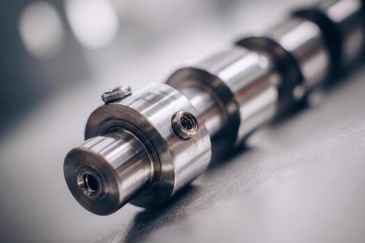 Close-up of a precision-engineered stainless steel camshaft component used in automotive engines resting on a smooth surface with a blurred background for focus effect photo
