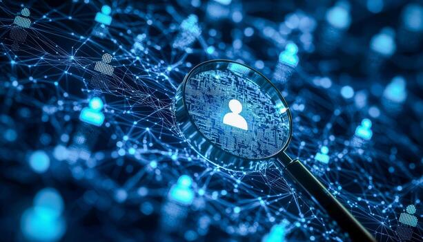 Digital network and user profile analysis with magnifying glass visualization photo