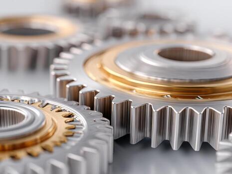Precision-engineered metallic gears with interlocking silver and gold teeth showcasing industrial machinery components for mechanical systems and automation concepts photo