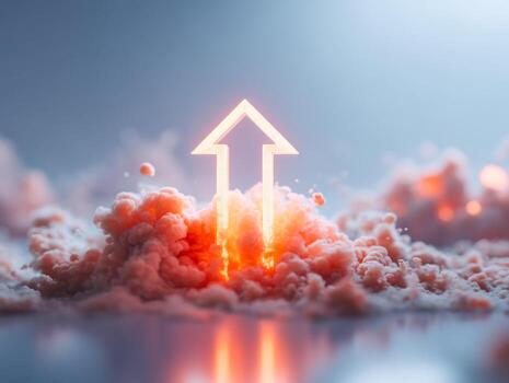 Digital upward arrow emerging from a fiery cloud mist, symbolizing growth and progress in a futuristic environment photo