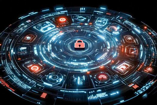 Digital security concept with a central lock icon surrounded by interconnected cyber features photo