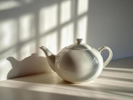 White ceramic teapot casting soft shadows on a sunlit surface with window patterns creating a calm and minimalist atmosphere in a cozy kitchen setting photo