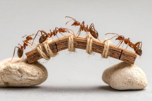 Ants working together to build a bridge with wooden sticks and string on stones photo