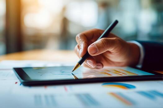 Person using a stylus on a digital tablet for data analysis and visualization photo