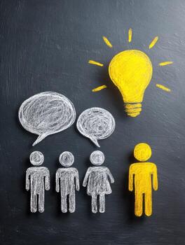 Conceptual chalk drawing of teamwork and creativity with one individual highlighting a bright idea while others engage in discussion on blackboard background photo